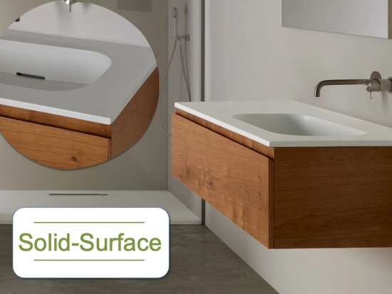 Plan vasque système d’évacuation discret L 50 à 201 x P 40 à 51 cm, Solid-Surface finition lisse mate, Anti bactérien, résine Akrytan®SOLID teinté dans la masse, Livraison Offerte.